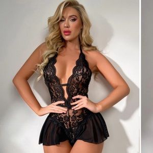 Shein Floral Lace Scallop Trim Halter Teddy Bodysuit